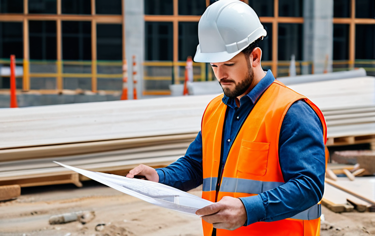 **

A professional architect in a modest business casual outfit, reviewing blueprints on a construction site, wearing a hard hat and safety vest, fully clothed, appropriate content, safe for work, perfect anatomy, natural proportions, professional photography, daytime.

**