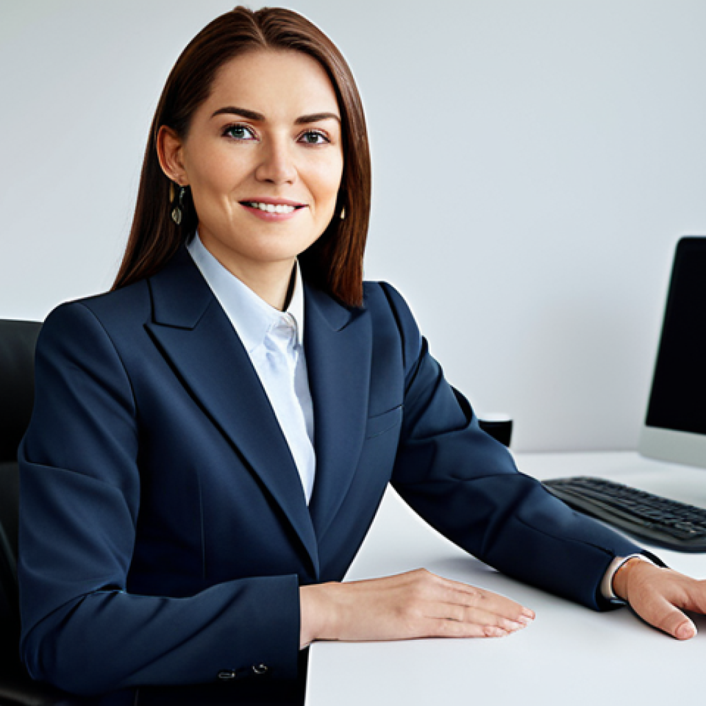 A professional businesswoman in a modest business suit, sitting at a desk in a modern office, fully clothed, appropriate attire, safe for work, perfect anatomy, natural proportions, professional photography, high quality.