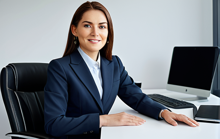 A professional businesswoman in a modest business suit, sitting at a desk in a modern office, fully clothed, appropriate attire, safe for work, perfect anatomy, natural proportions, professional photography, high quality.