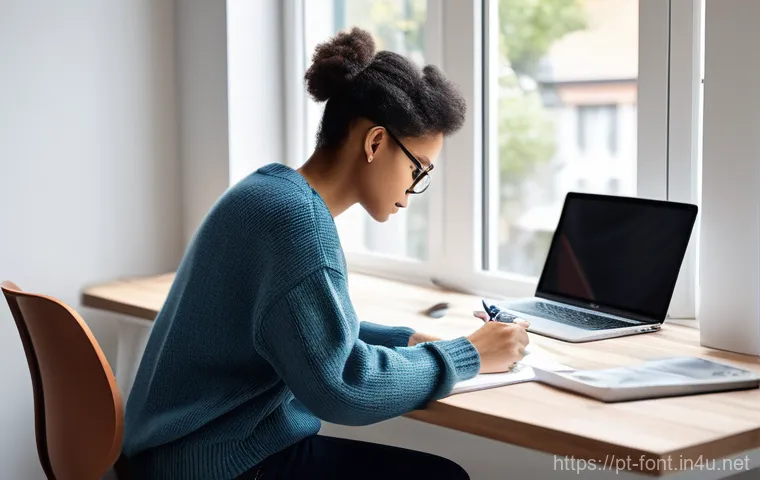 문서 작업에서 비율과 폰트 크기 조정법 - **Prompt:** "A young graphic designer, of diverse ethnicity, intently focused on a sleek laptop, ske...