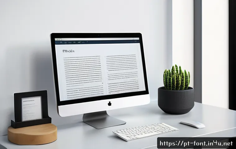 폰트 크기와 비율로 문서 균형 잡기 - A professional office workspace featuring a sleek, modern computer screen displaying a document with...