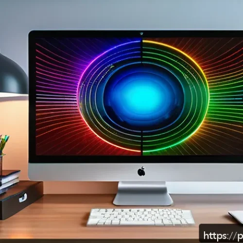 Home 32 폰트의 디지털 및 인쇄 색상 차이 - A detailed digital art illustration showing a vibrant RGB computer screen displaying a colorful desi...