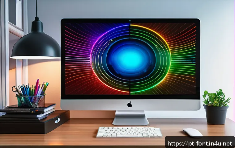 폰트의 디지털 및 인쇄 색상 차이 - A detailed digital art illustration showing a vibrant RGB computer screen displaying a colorful desi...