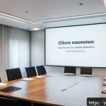 Home 23 프레젠테이션 슬라이드에 어울리는 폰트 - A professional corporate presentation scene in a modern conference room, featuring a diverse group o...