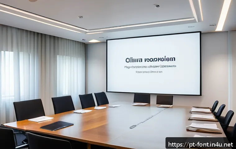 프레젠테이션 슬라이드에 어울리는 폰트 - A professional corporate presentation scene in a modern conference room, featuring a diverse group o...