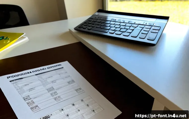 폰트 라이선스와 저작권 안내 - Photorealistic Brazilian freelance designer at a tidy home office desk, carefully comparing two font...